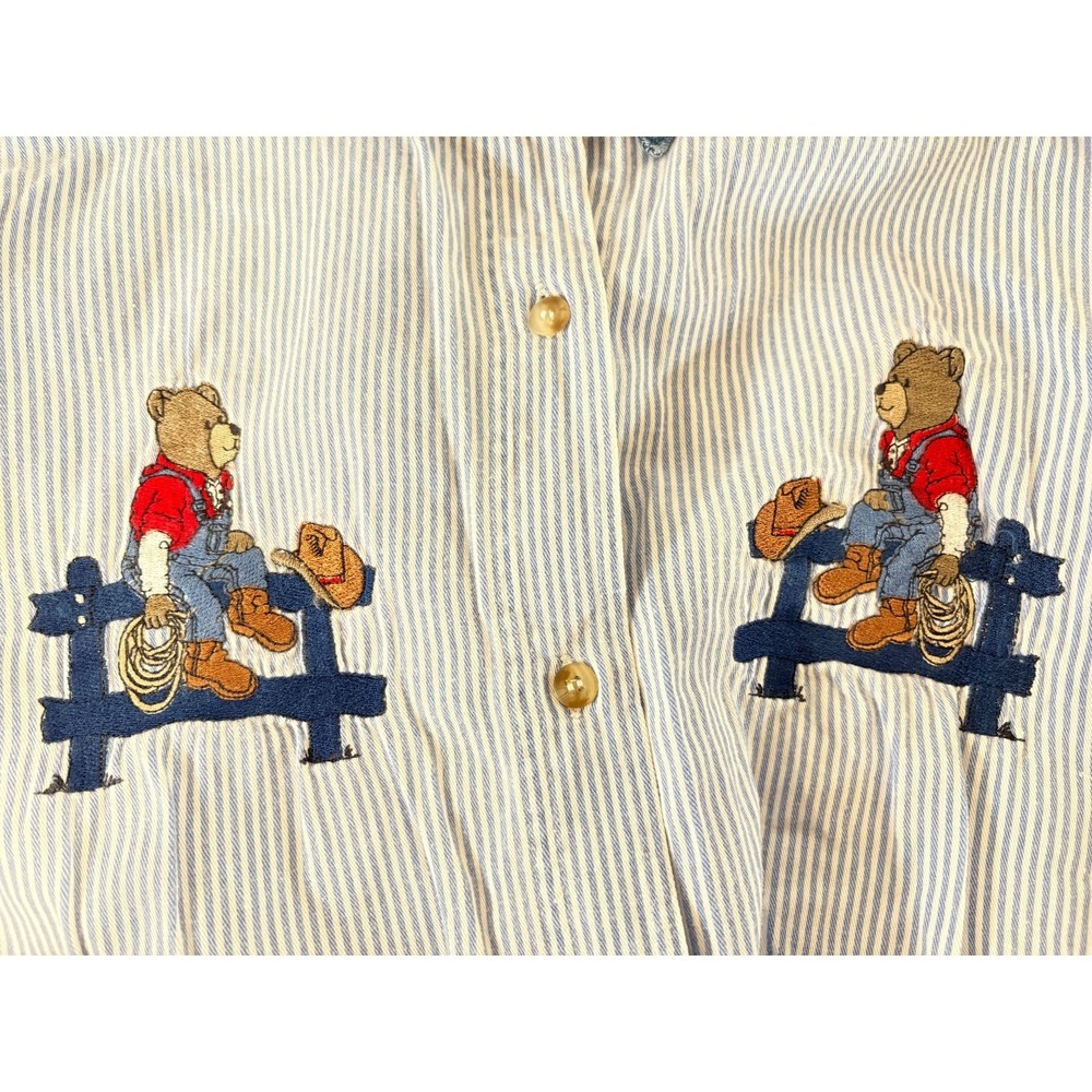 VTG Xquizzit Cowboy Denim Striped Shirt Teddy Bear Americana Size L Button Up - Picture 4 of 6